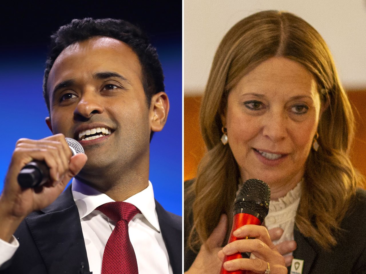 Ohio governor candidates Vivek Ramaswamy and Amy Acton (file photos)