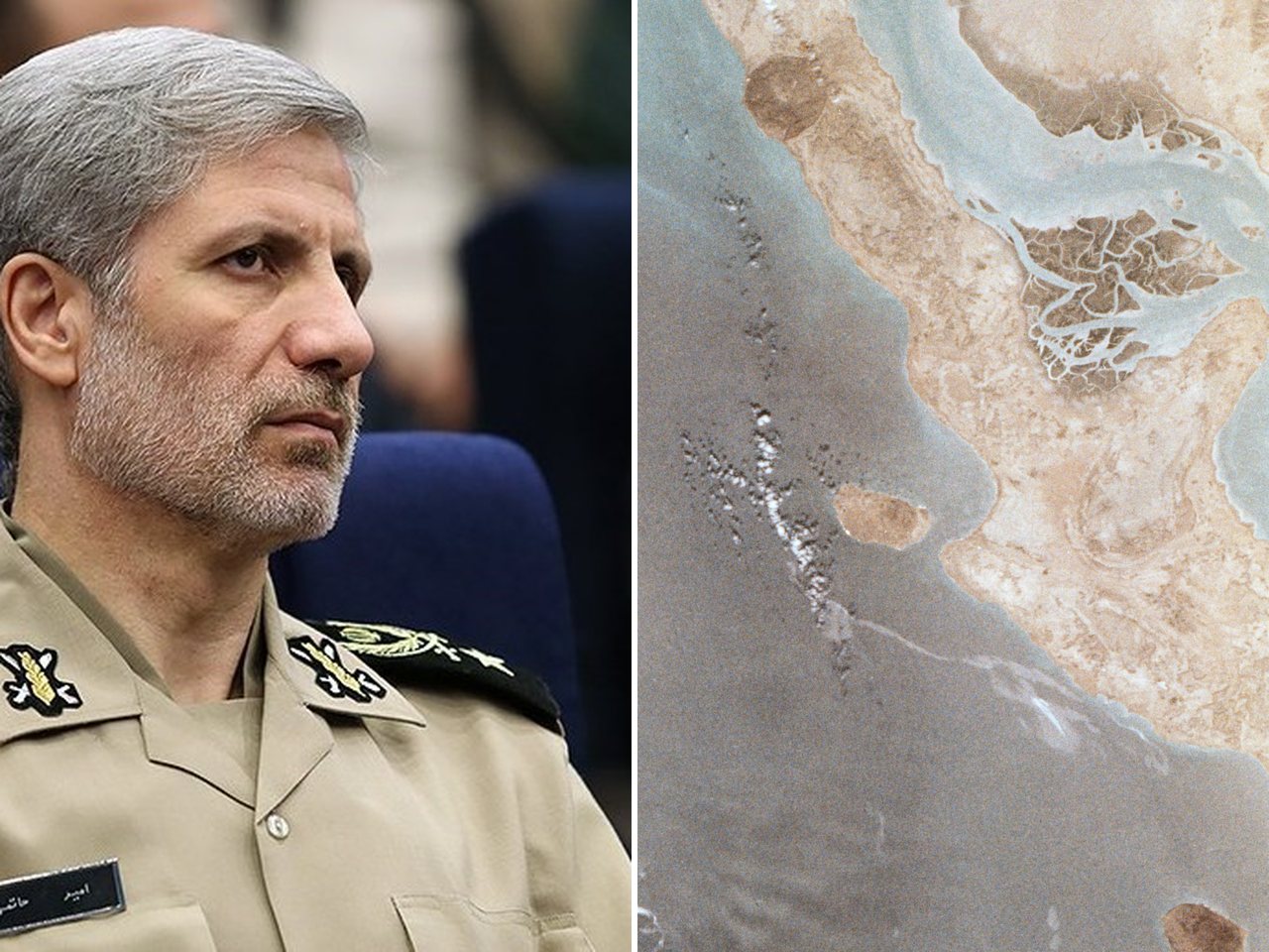 Iranian army chief Amir Hatami and the Strait of Hormuz (file photos)